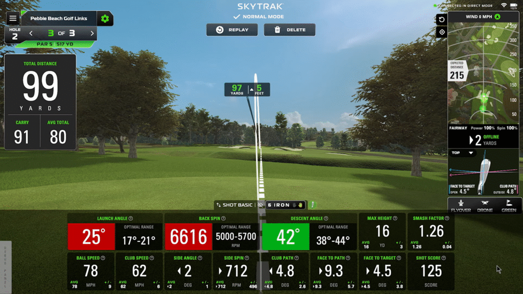 SkyTrak golf simulator software screenshot showing Pebble Beach course with detailed shot data including launch angle, spin rate, and carry distance